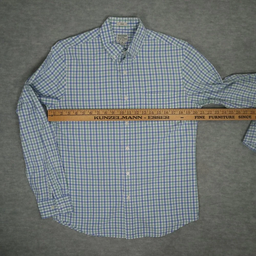 J.Crew Secret Wash Organic Cotton Blue Green Gingham‎ Shirt M Slim Fit